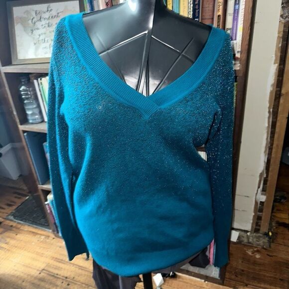 Lane Bryant turquoise shimmery v-neck 14/16 pullover sweater - Picture 1 of 3
